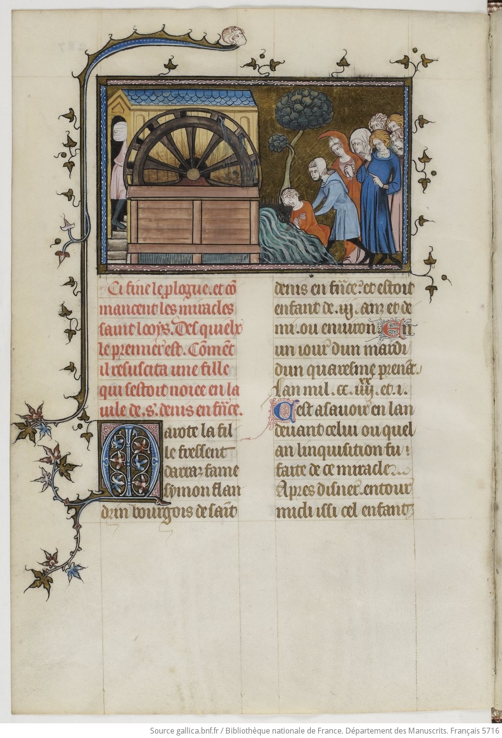 Enluminure extraite de Vie et miracles de saint Louis, Guillaume de Saint-Pathus, France, XIVe siècle