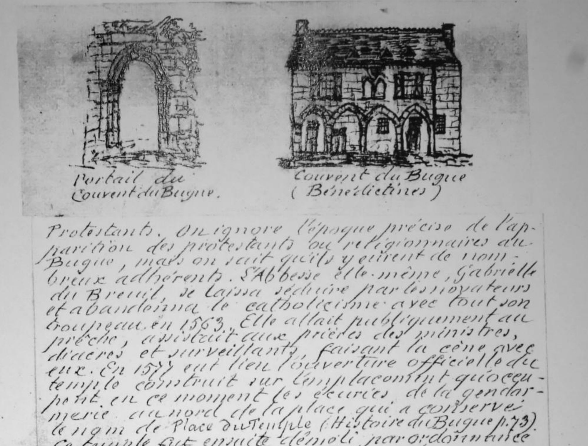 Portail et restes du couvent du Bugue d’après le manuscrit du chanoine Hippolyte Brugière
