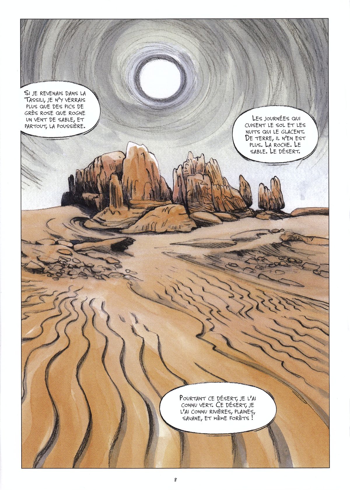 Page from the comic book « Tassili, une femme libre au Néolithique » by Maadiar and Fréwé, showing the Sahara as it stands today: a mineral maze having undergone « érosion pachydermique » making its sandstone rocks look like elephant skin.