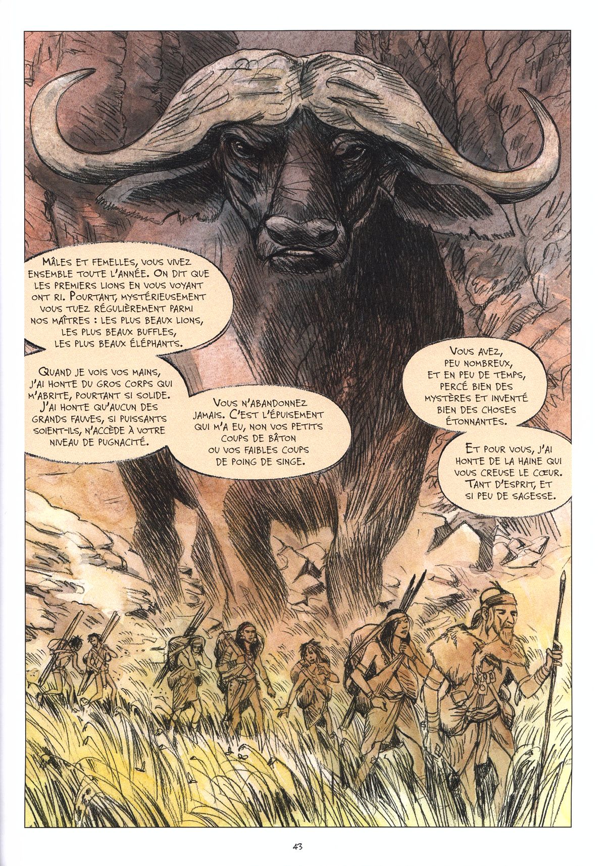 Page from the comic book « Tassili, une femme libre au Néolithique » by Maadiar and Fréwé in which the author makes the giant buffalo talk as he observes the monumental changeover, before the humans colonize every continent.