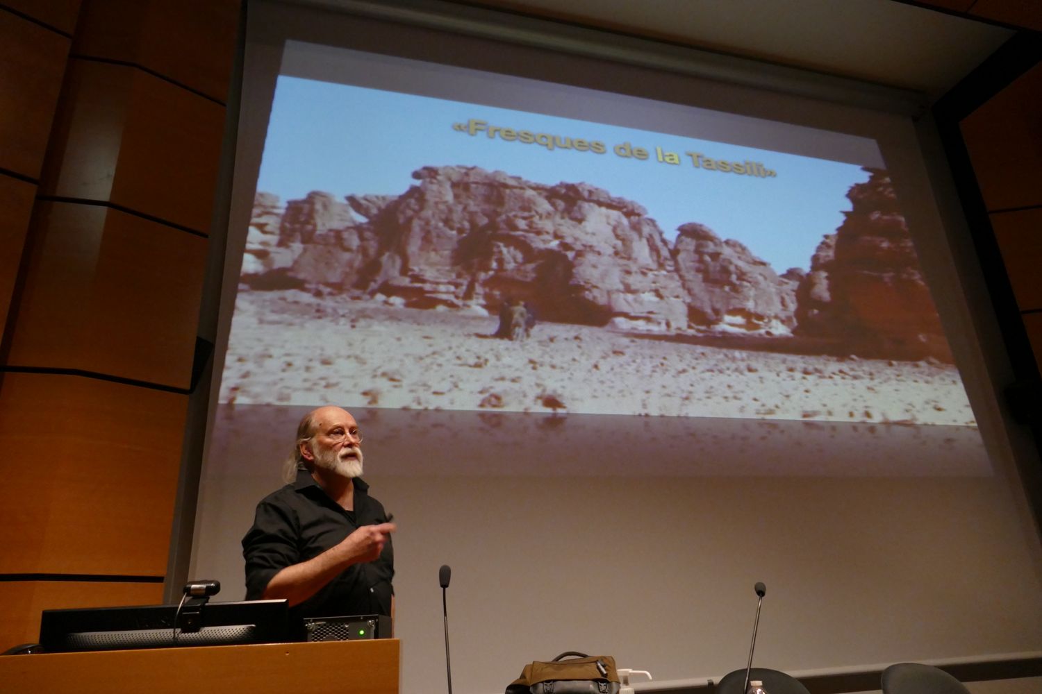 Jean-Loic Le Quellec, president of the Association of the Friends of Saharan Rock Art (AARS), presenting the « érosion pachydermique » (erosion causing a surface reminiscent of a pachyderm’s skin) of the sandstone rocks in the present-day central Sahara.