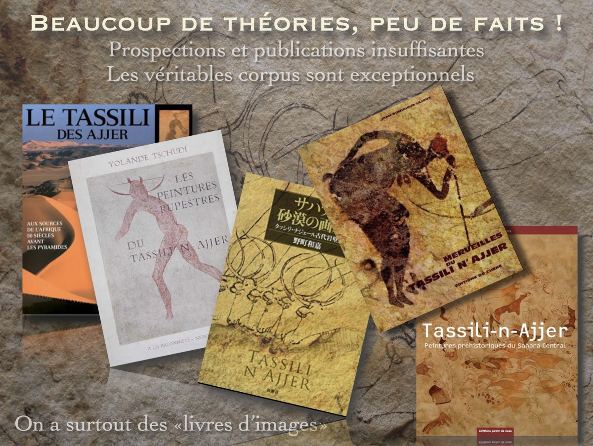 Aperçu de nombreuses publications de beaux livres d’images au sujet des fresques de la Tassili-n-Ajjer édités au siècle dernier. © Jean-Loïc Le Quellec