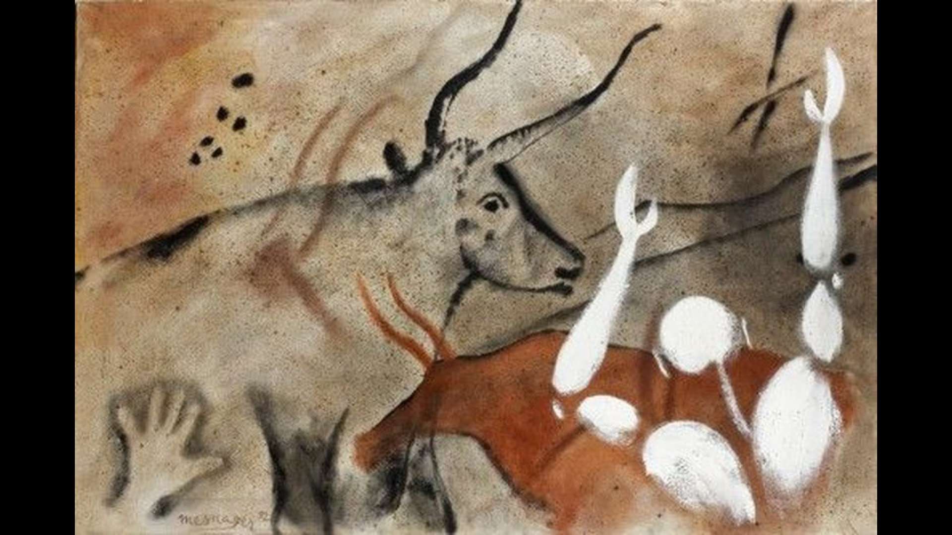 Jérôme Mesnager adds his famous white man to a replica of The Hall of the Bulls wall painting at Lascaux.